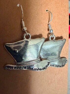 Alice in Wonderland Mad Hatter Hat Quote Silver Tone Dangle Earrings